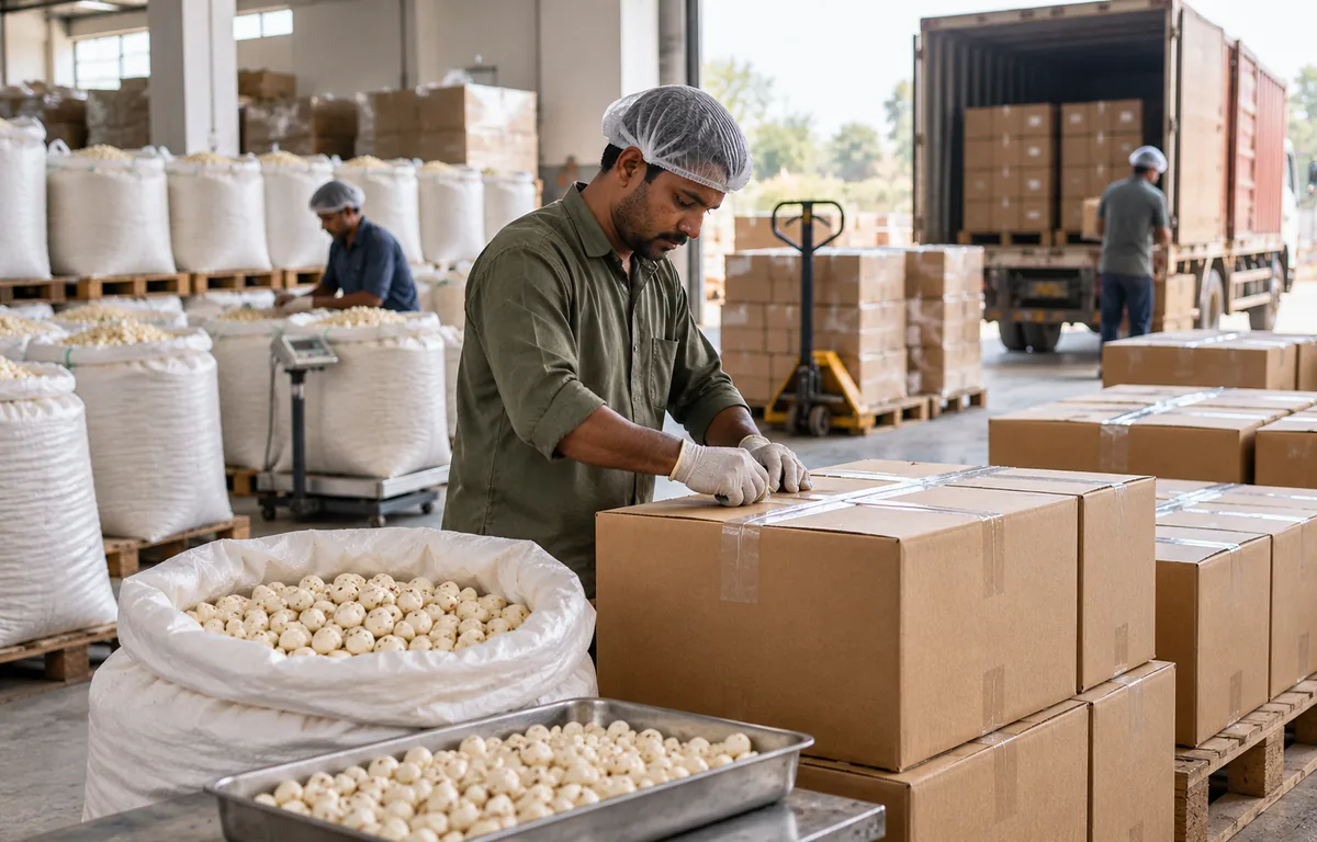 Bulk makhana cartons and food-grade sacks being prepared for dispatch