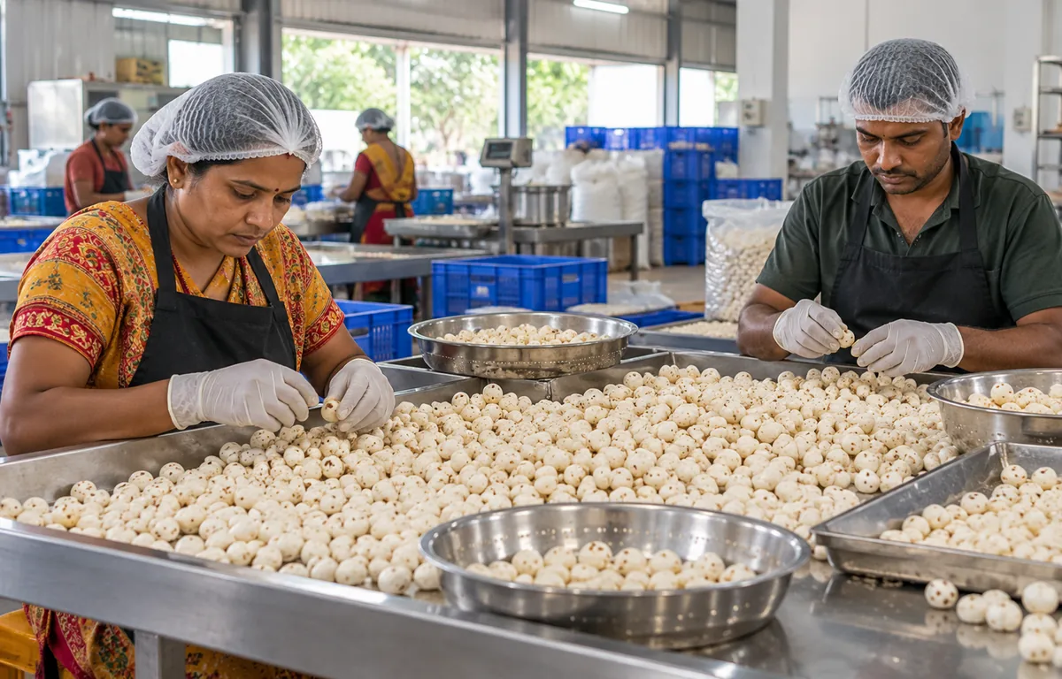 Workers inspecting and sorting popped makhana on stainless-steel tables