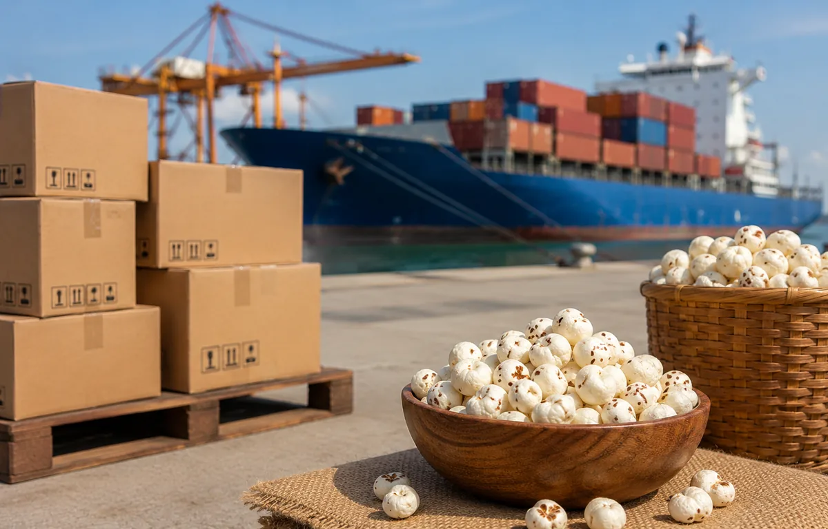 Popped makhana in a wooden bowl beside shipping cartons and a container vessel at a port