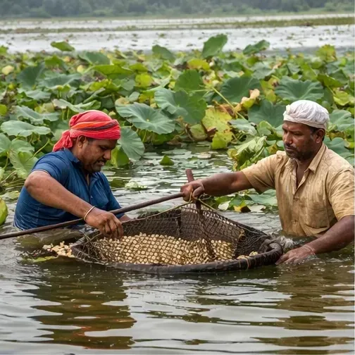 Farmers harvesting makhana from a pond in the Mithila region of Bihar