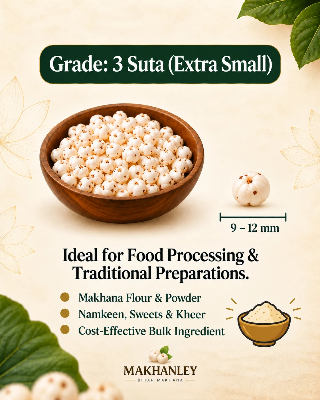Makhanley 3 Suta extra-small popped makhana grade infographic, 9–12 mm, for food processing and traditional preparations