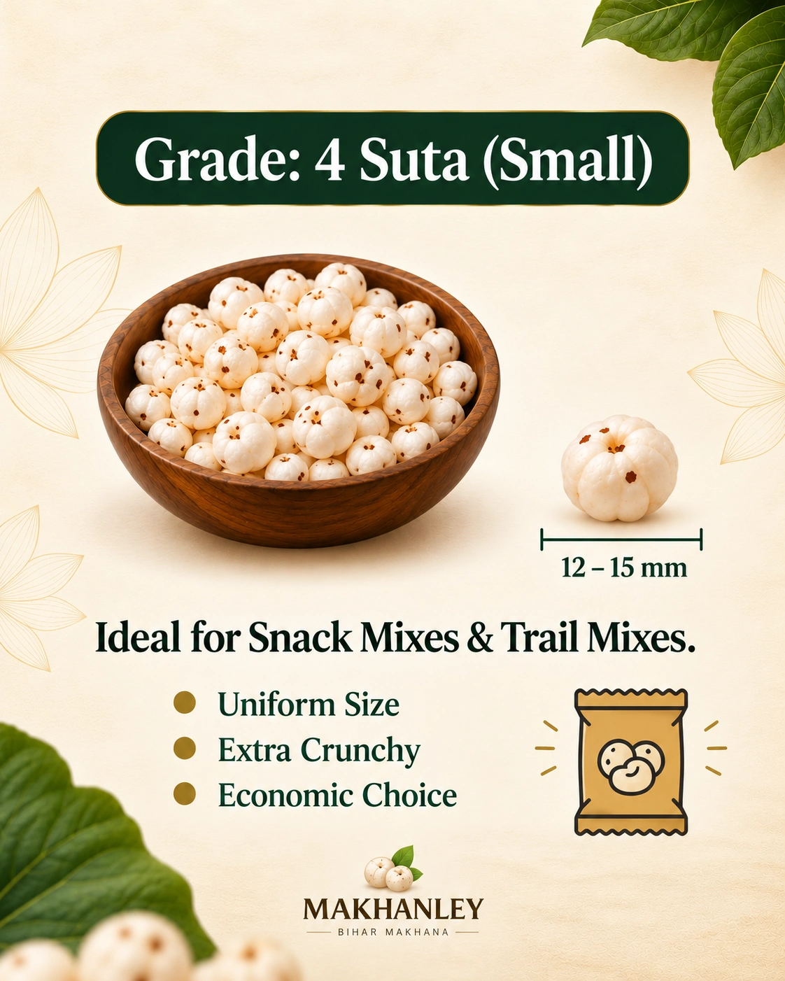Makhanley 4 Suta small popped makhana grade infographic, 12–15 mm, for snack mixes and trail mixes