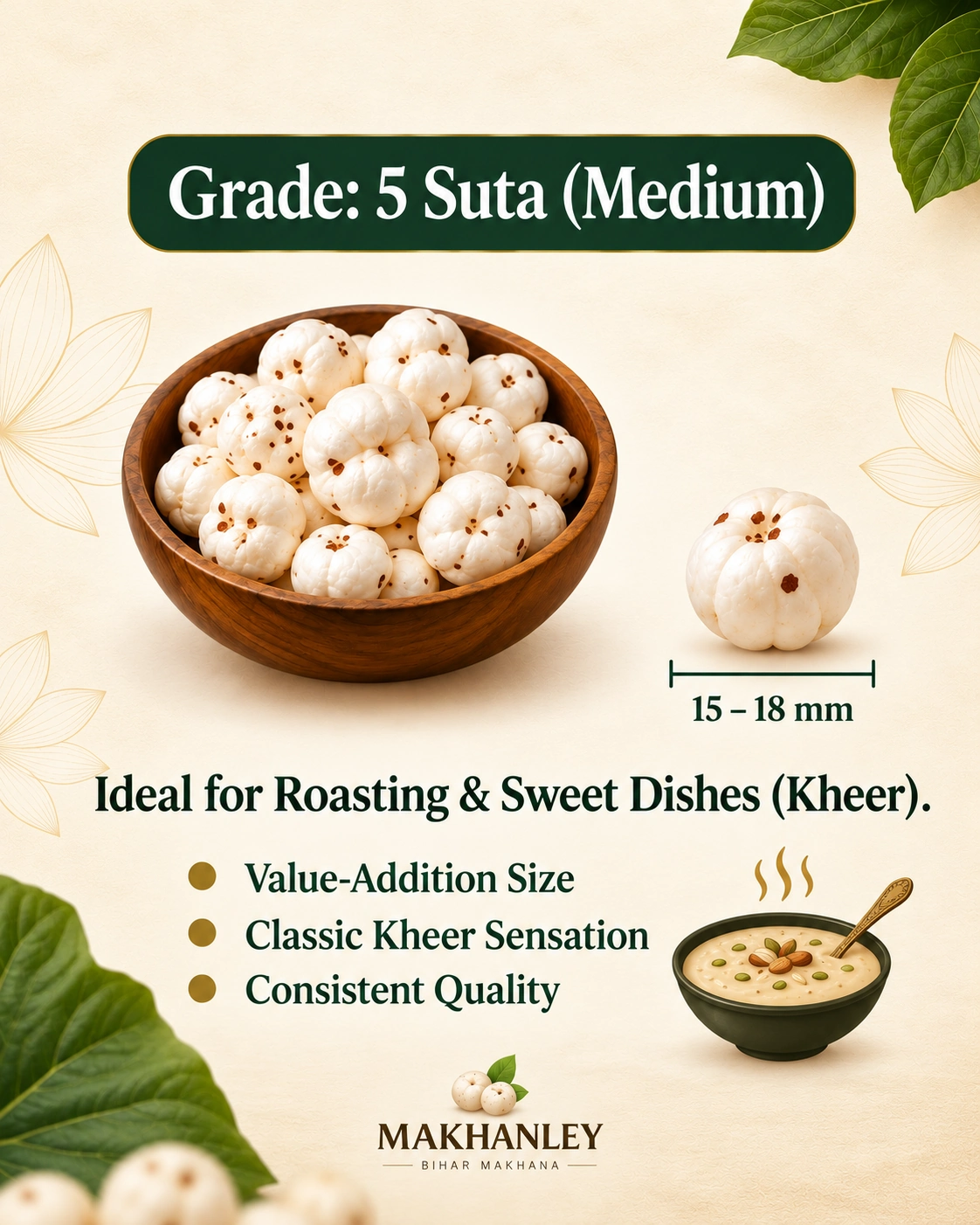 Makhanley 5 Suta medium popped makhana grade infographic, 15–18 mm, for roasting and kheer applications