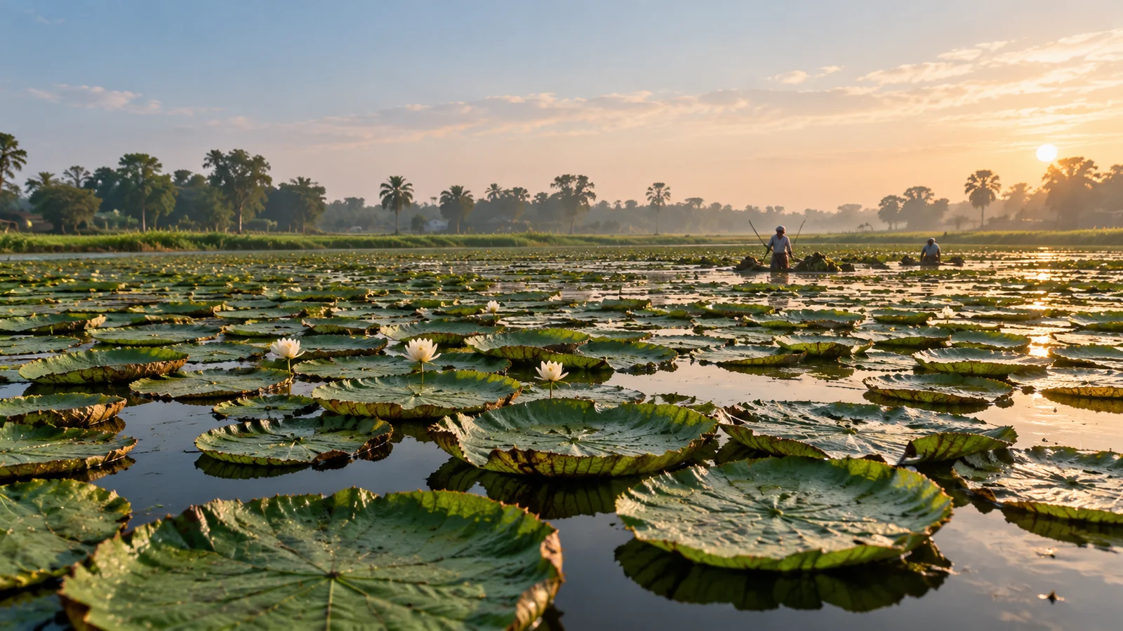Makhana plants growing across a wetland in Bihar